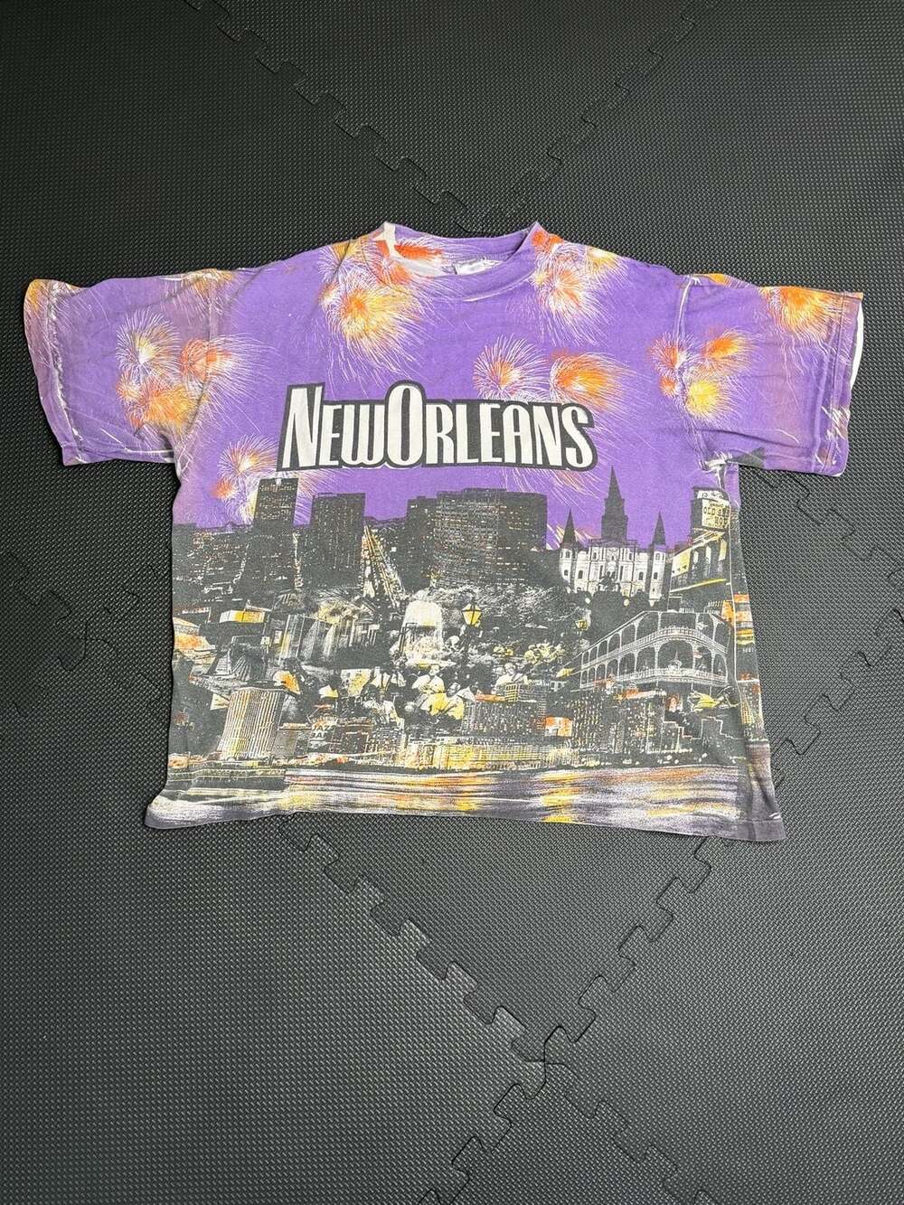 Vintage 90s New Orleans All Over Print Fireworks Skyline Graphic T-Shirt